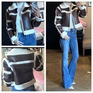 NWT Brown Sherpa Trimmed Faux Leather Jacket Sz: S